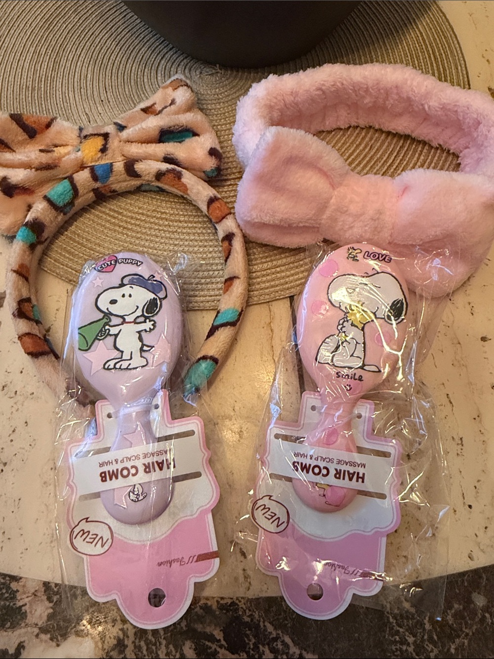 2 x Snoopy 5" Brushes w/ Soft Pink Headband & Leopard Print Bow Headband Set